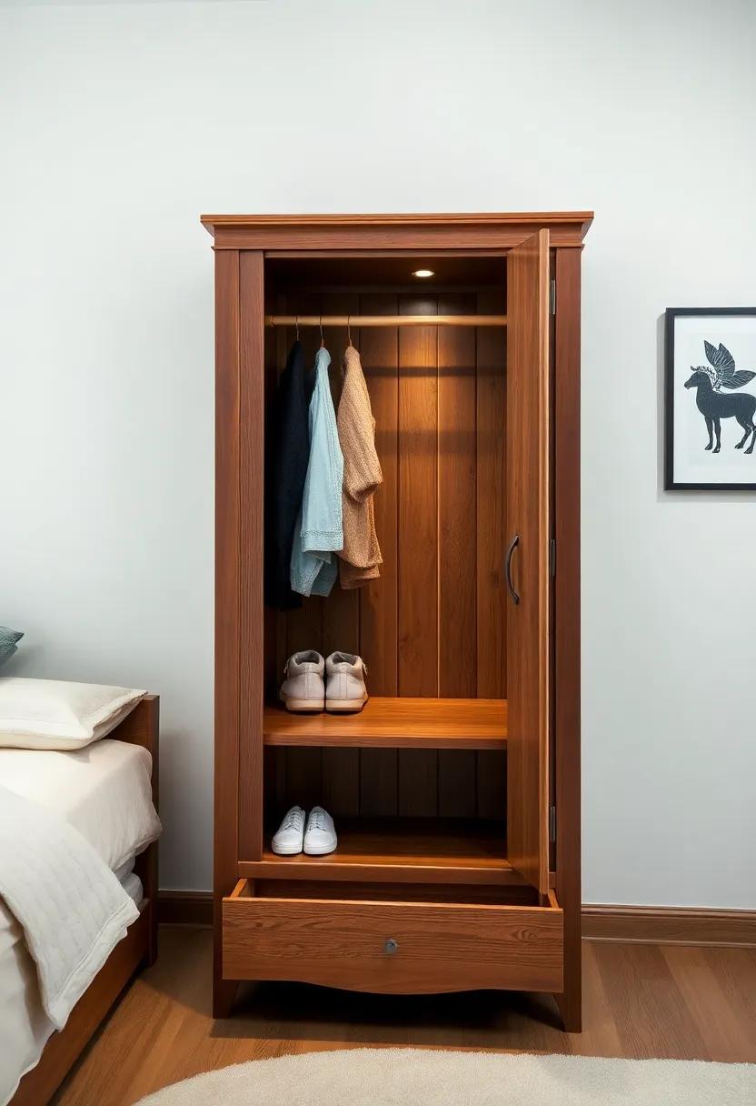 Rustic Wooden Wardrobe with Built-In Shoe Drawer⁣ – Enhance your​ cozy bedroom ‌aesthetic ⁣with a rustic wooden wardrobe that includes deep drawers specifically ⁤for shoe storage