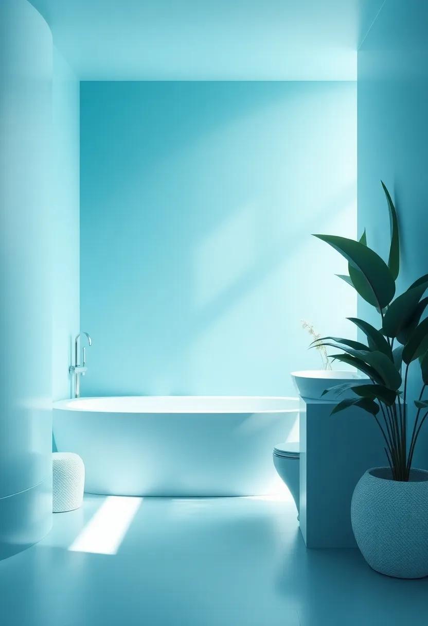 Spa-like Oasis: Soft powder blue tones ‍alongside oversized plants and soft lighting evoke a⁣ peaceful,‌ spa-like ambiance