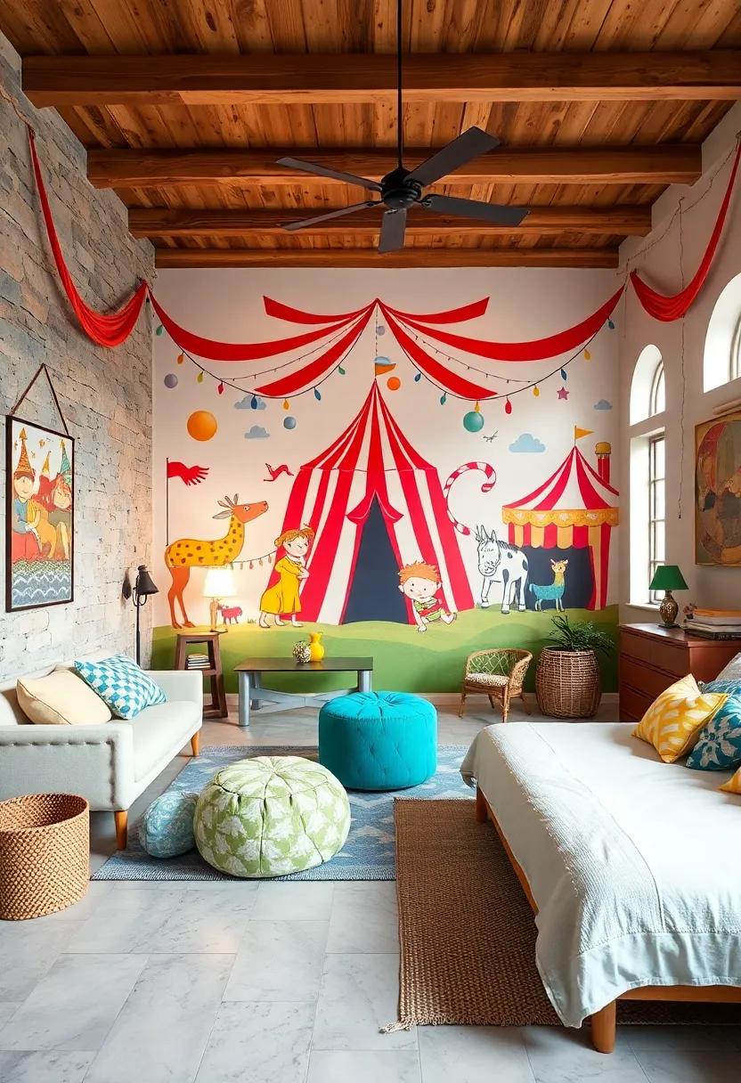 circus Spectacle: Bright colors and whimsical characters in a circus-themed mural spark joy‌ and encourage a ‌sense of wonder
