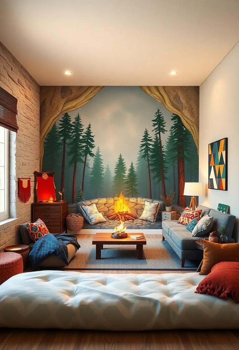 Cozy Campfire Nights: ​Illustrate a mural of ⁤a serene camping⁤ scene with a glowing ​campfire, perfect for nurturing a love‍ of the ‌great ‍outdoors