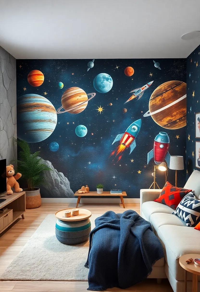 Galactic Explorations: A ​mural⁤ depicting outer space with vibrant‌ planets,⁢ twinkling stars, and rocket ships encourages ‍dreams of interstellar ⁣adventures