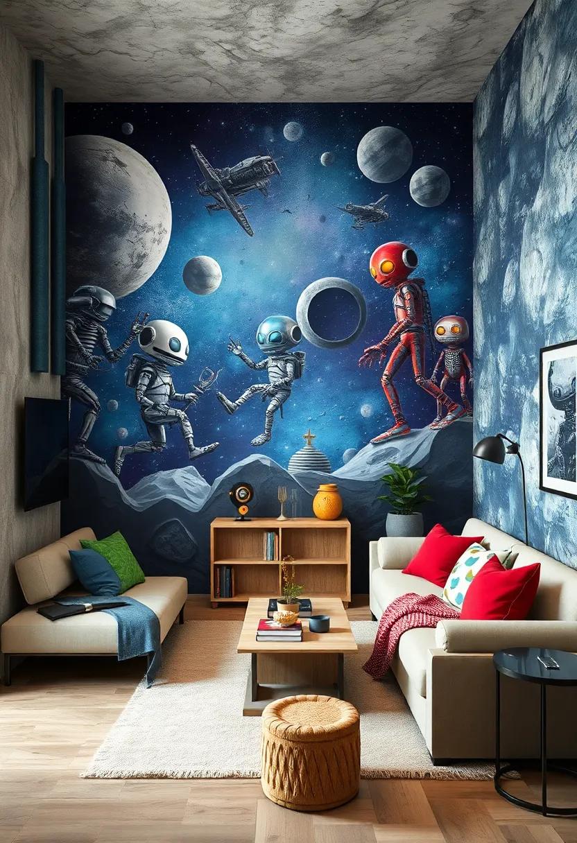 Outer Space Code: A mural illustrating a futuristic world with robots⁢ and aliens makes space exploration an everyday fantasy