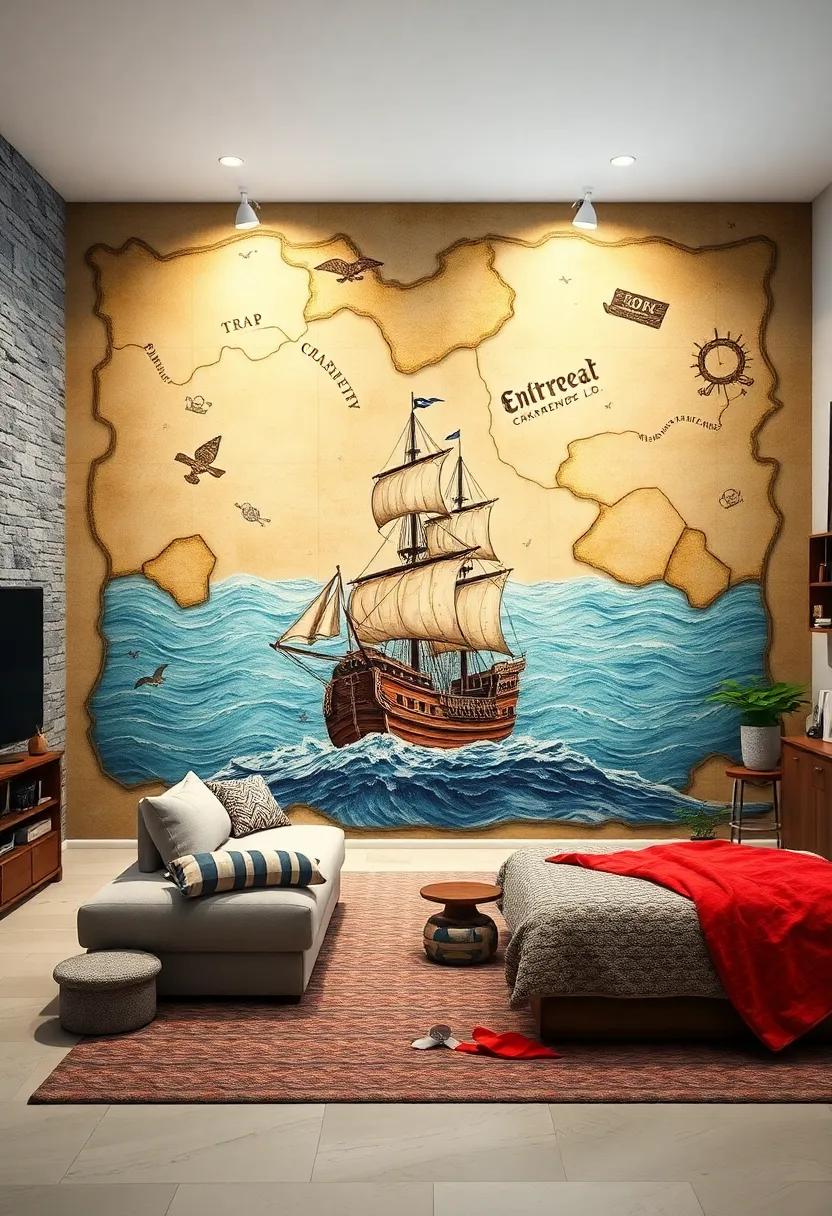 Pirate ‍Treasure Map: A thrilling mural ⁢of a pirate ship navigating uncharted waters ‍inspires imaginations for treasure hunts and ⁤daring escapades