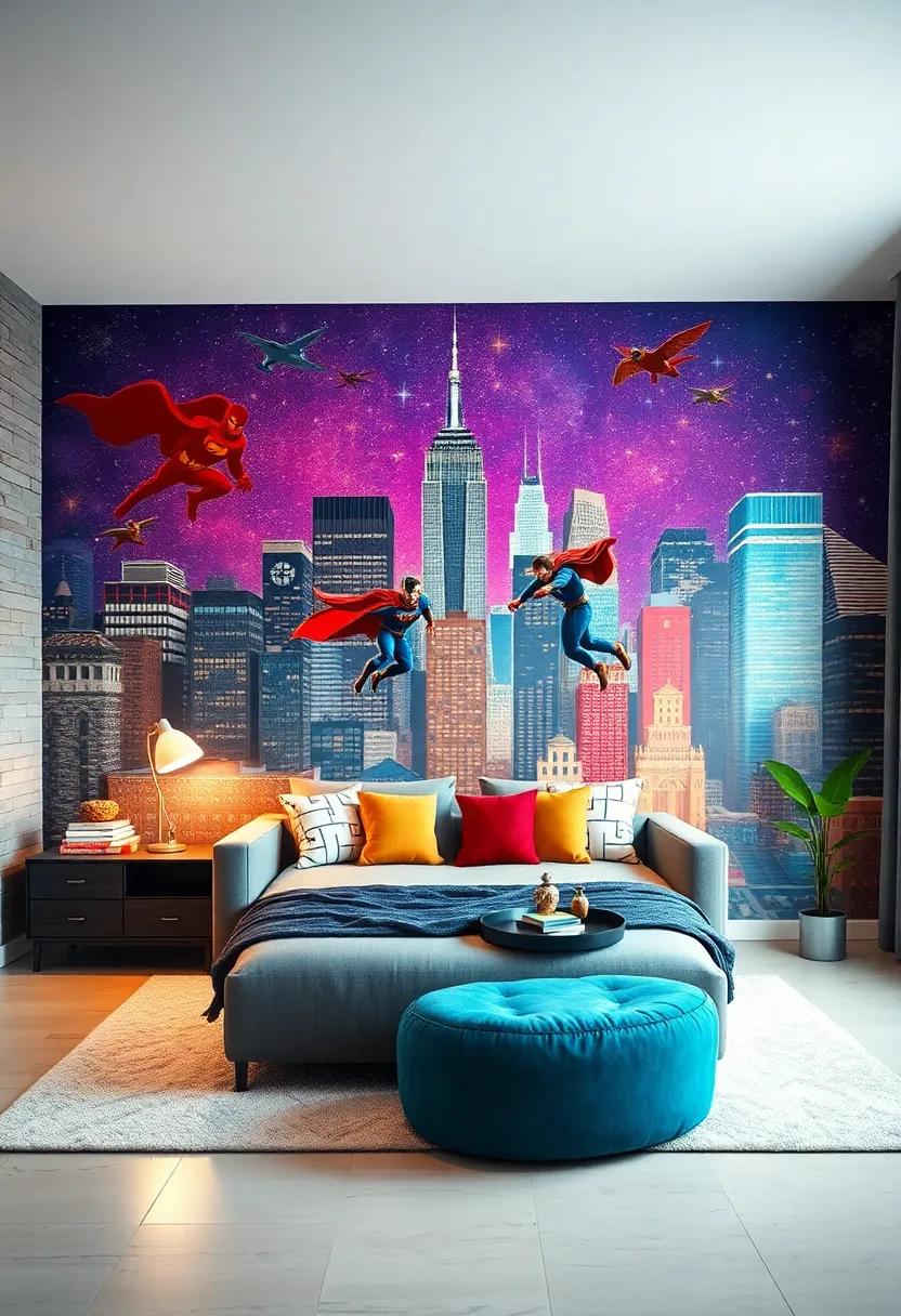 Superhero Cityscape: Create a vibrant city skyline where superheroes soar‍ high above, inspiring your boy to ​dream big and be brave