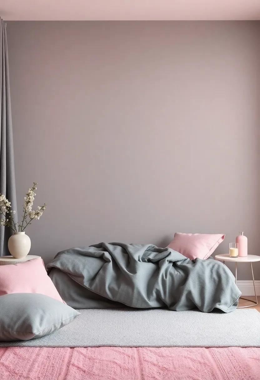 Soft Textiles that Enhance the Charcoal Grey and Pink Color Scheme for ⁤a Cozy Retreat