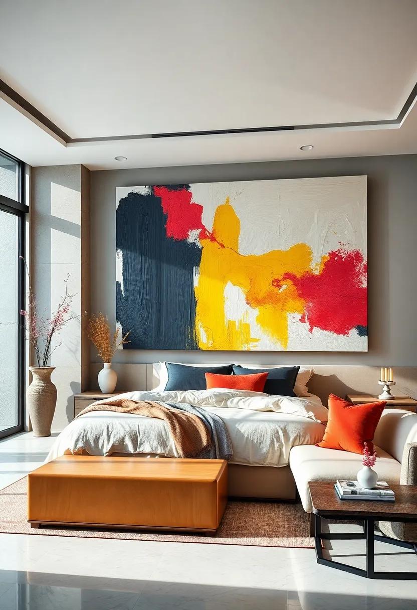 Bold Brushstrokes: An artistic haven where oversized canvas art with dramatic brushstrokes interact beautifully ‍with sleek,contemporary furniture