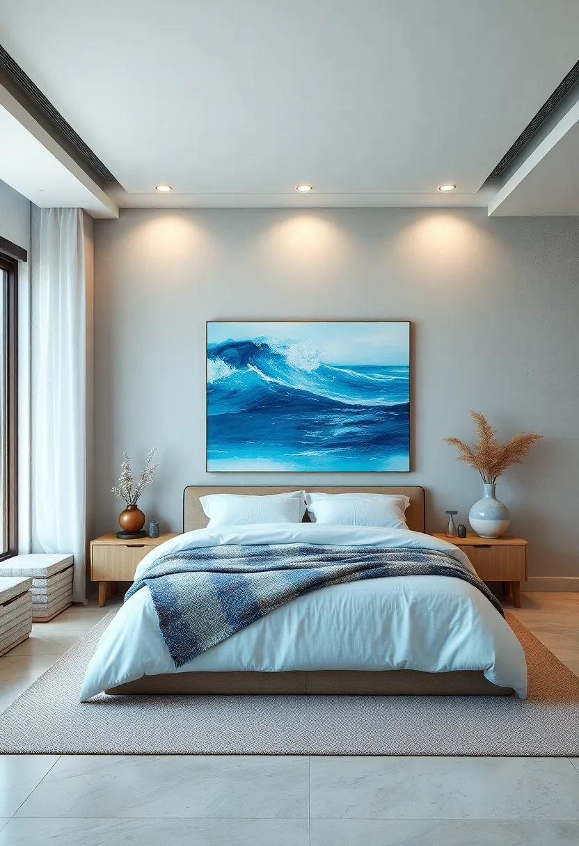 Coastal Calm: A seaside-inspired design featuring soothing ‍blues and sandy beiges, enhanced by an oceanic abstract​ painting that reflects‌ the ‌tranquility ​of ⁢the shore