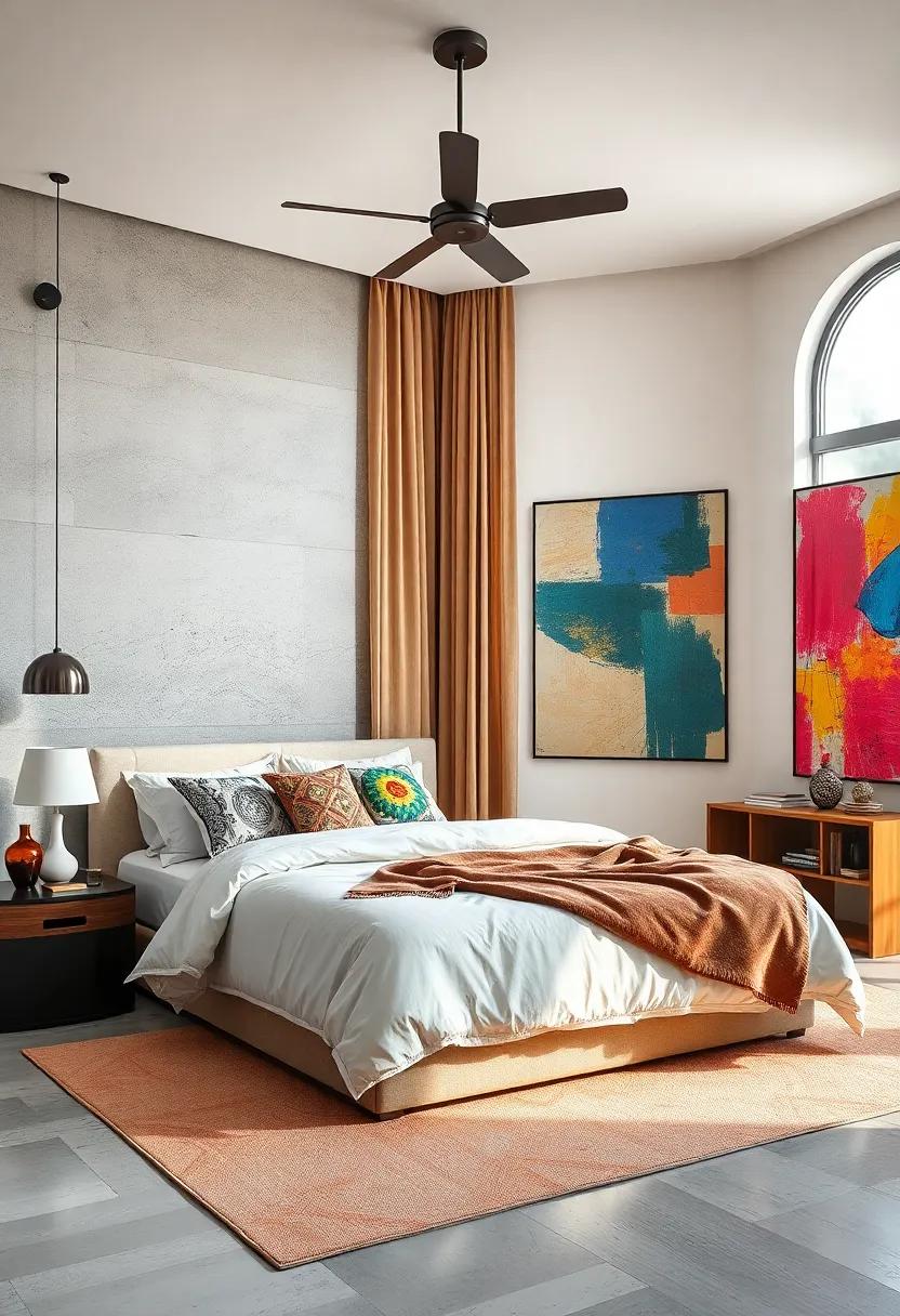 Eclectic Ensemble: A vibrant mix of patterns in bedding and curtains paired with bold, large-scale art creates a dynamic atmosphere brimming with ⁢personality