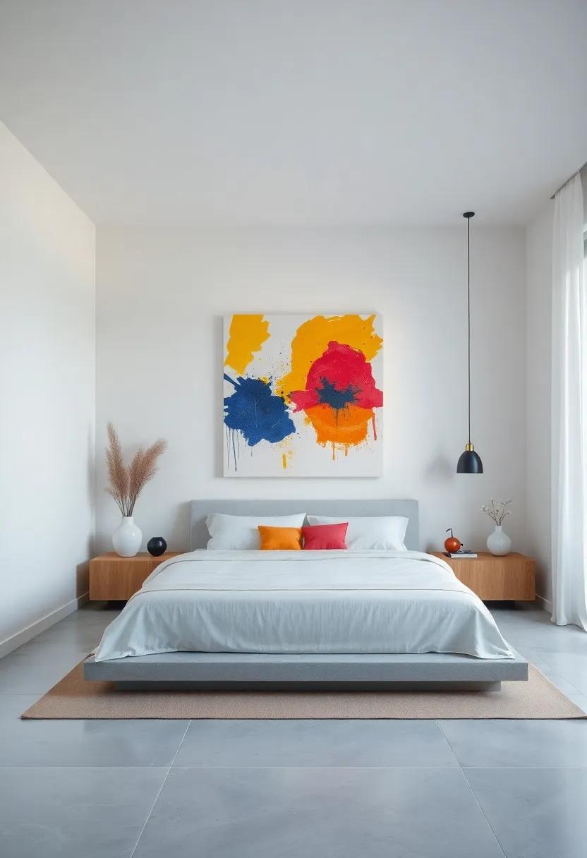 Embracing Minimalism: A serene bedroom with a‌ crisp white palette adorned with a large abstract⁢ painting that injects ​a splash of vibrant⁢ color, creating an‍ inviting focal point