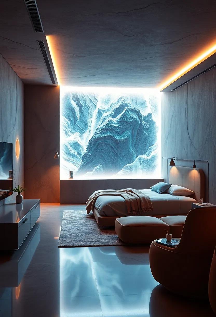 Futuristic Dreams: A sleek, high-tech⁤ bedroom ​where minimalist furniture meets‌ stunning digital art, creating ⁢a visionary space that feels‌ both modern and innovative