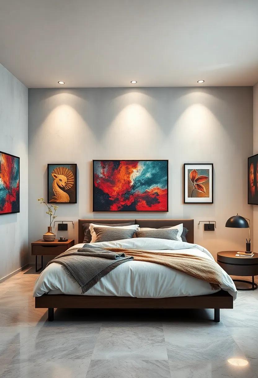 The Gallery Effect: ‍A sophisticated bedroom designed to resemble an art gallery, with strategically placed ⁤spotlights highlighting each piece, creating drama and allure