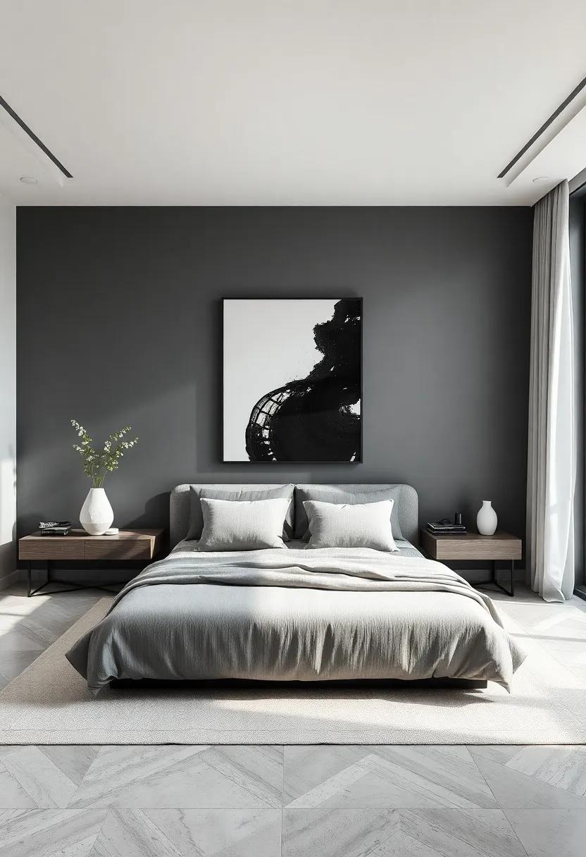 Monochromatic Magic: A bedroom defined by⁢ shades of gray, where a striking‌ black-and-white art piece serves as a bold contrast, anchoring the room’s sophisticated aesthetic