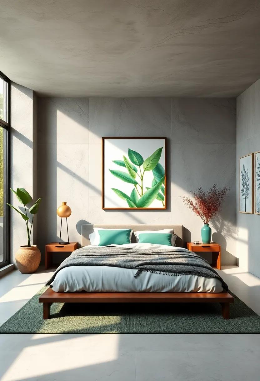 Nature’s Escape: A tranquil space decorated with botanical-themed modern art; lush green hues on the walls complement the natural light streaming in through oversized windows