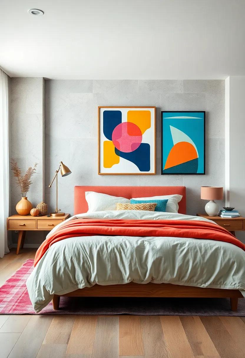 Playful Geometrics: A ⁤youthful design showcasing bright, geometric art on⁢ a gallery wall, playfully interacting with colorful bedding and eclectic decor