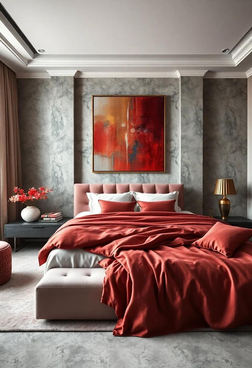 Regal Elegance: A luxurious ⁢bedroom with ‌rich⁢ fabrics, where a stunning modern art piece​ featuring gold accents elevates the sense of opulence and style