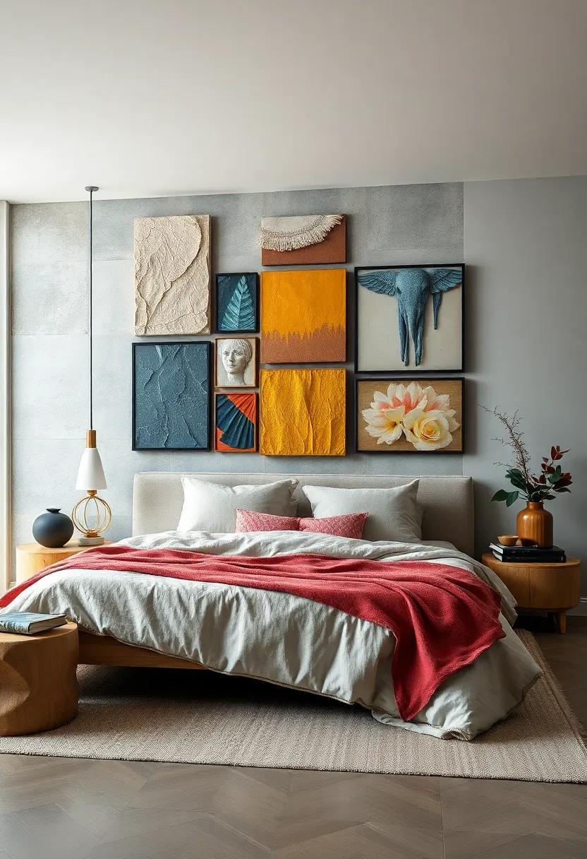 Textured Tranquility:⁣ A​ cozy ⁣retreat where a tactile gallery wall featuring mixed media artworks invites touch and curiosity, harmonizing with the room's warm, layered textures