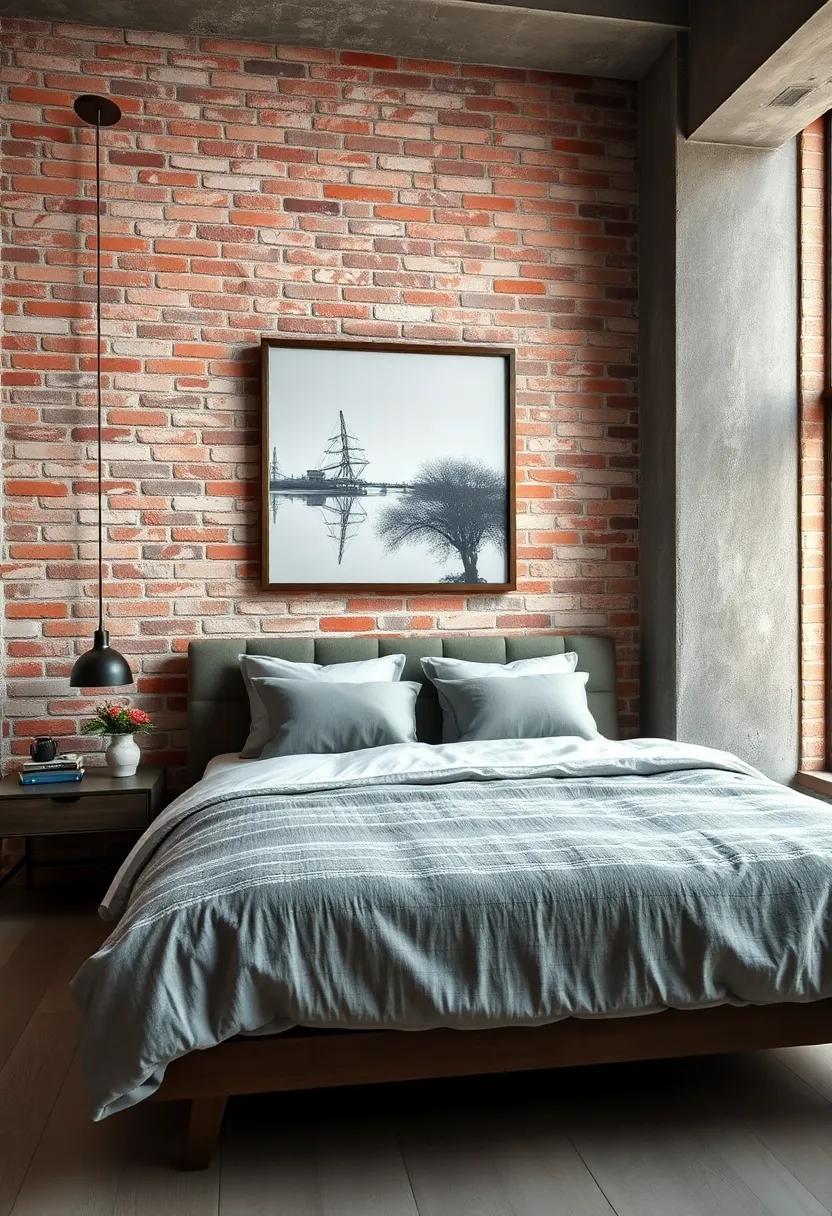 Urban Chic: A ‌loft-style bedroom featuring raw brick walls, complemented by an industrial-inspired‍ metal sculpture that brings an edgy flair without overwhelming the space