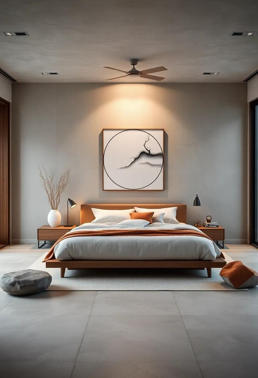 Zen Retreat: A minimalist bedroom influenced by Eastern aesthetics, where a⁣ simple yet profound piece of‌ modern art‍ evokes peace and mindfulness