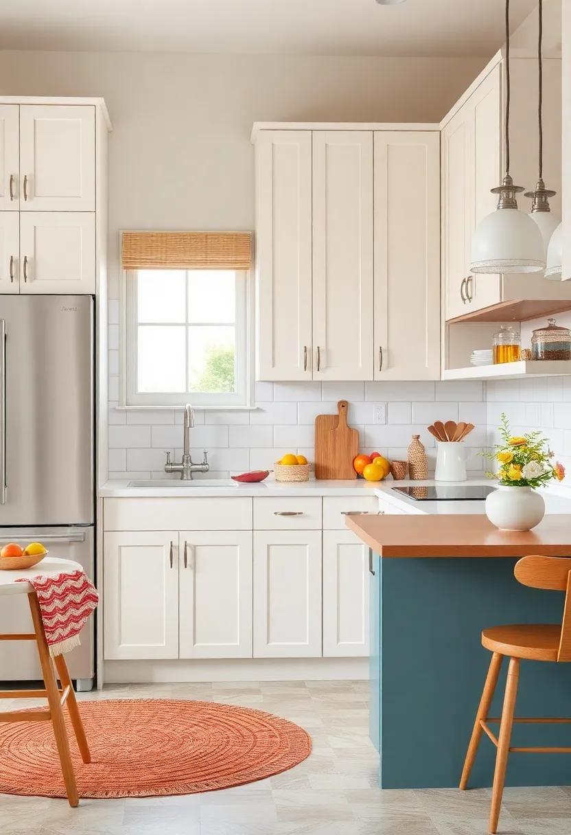 Colorful Accents: Incorporate colorful kitchen accessories and textiles against a backdrop of cream cabinets to bring energy and personality to the space