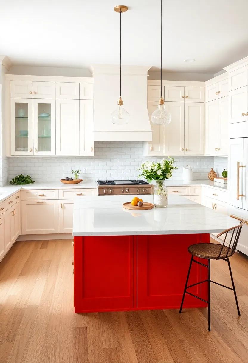 Kitchen Island Statement: Make your cream cabinets stand out with a bold-colored island,‌ creating a focal point in your culinary space