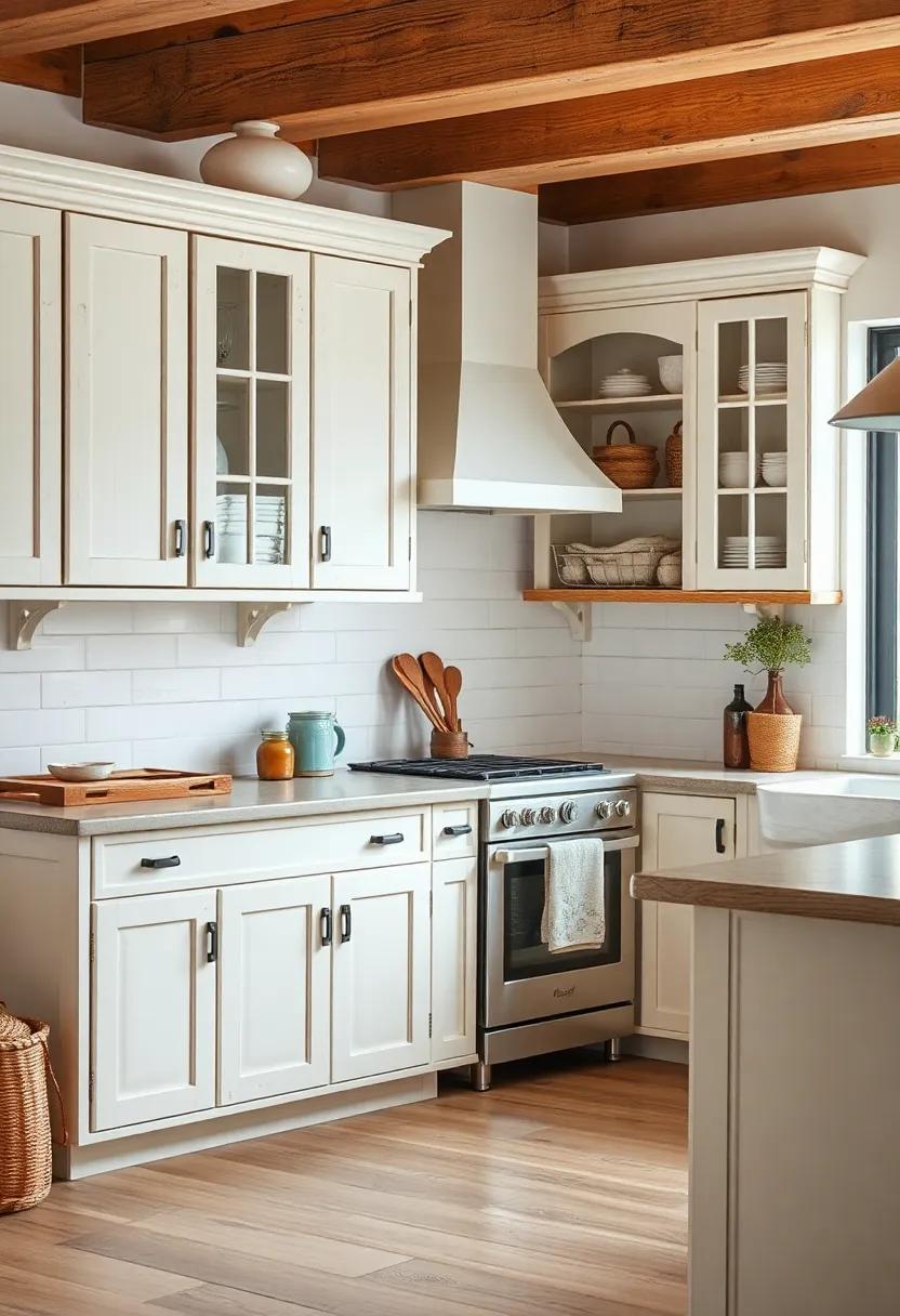 Rustic⁣ Charm: Incorporate distressed cream cabinets in a farmhouse ​setting, highlighting wooden accents and vintage‍ decor for a cozy feel