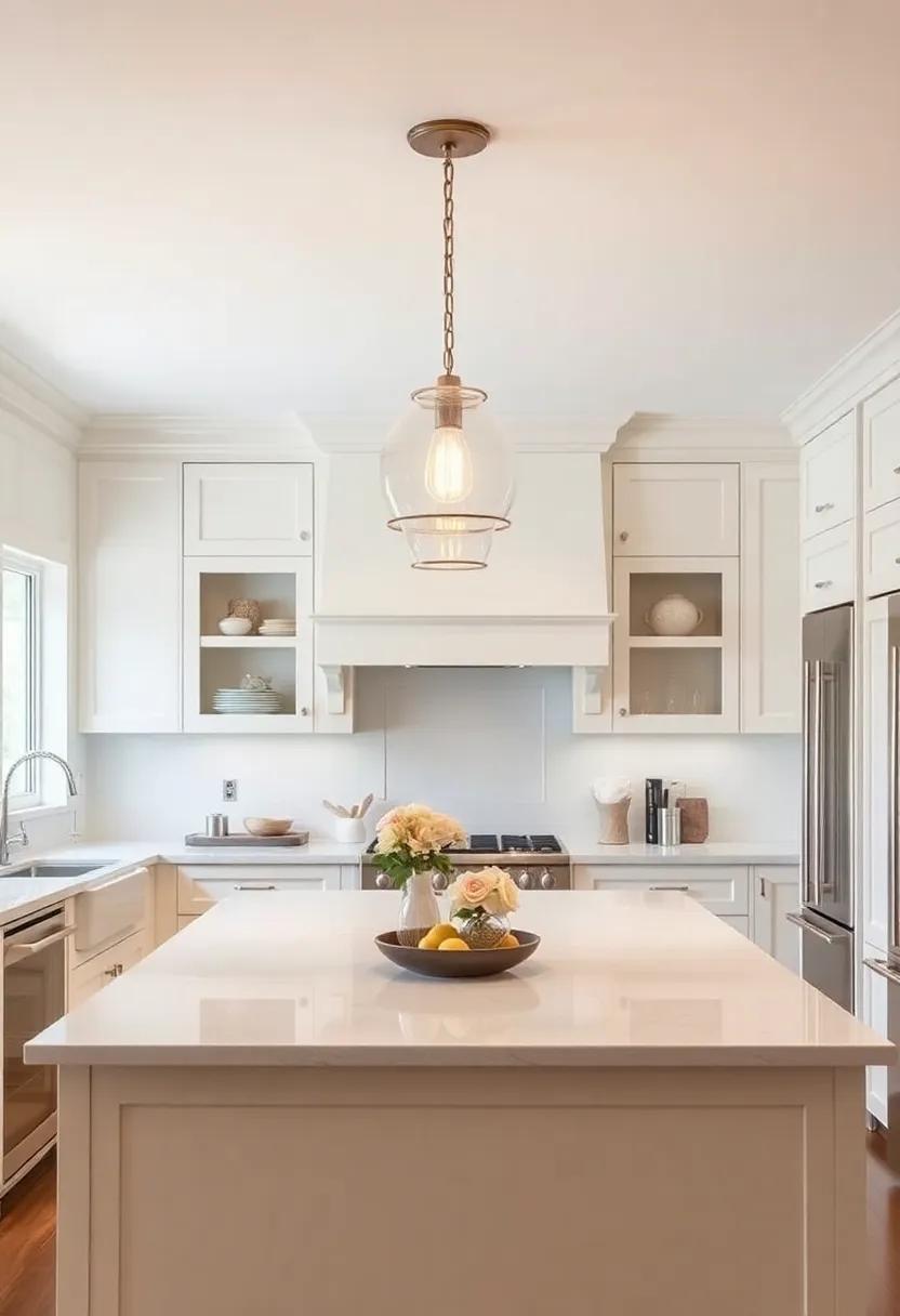 Statement Lighting: Highlight cream cabinets with stunning pendant ​lights above an island or eating area for an eye-catching touch