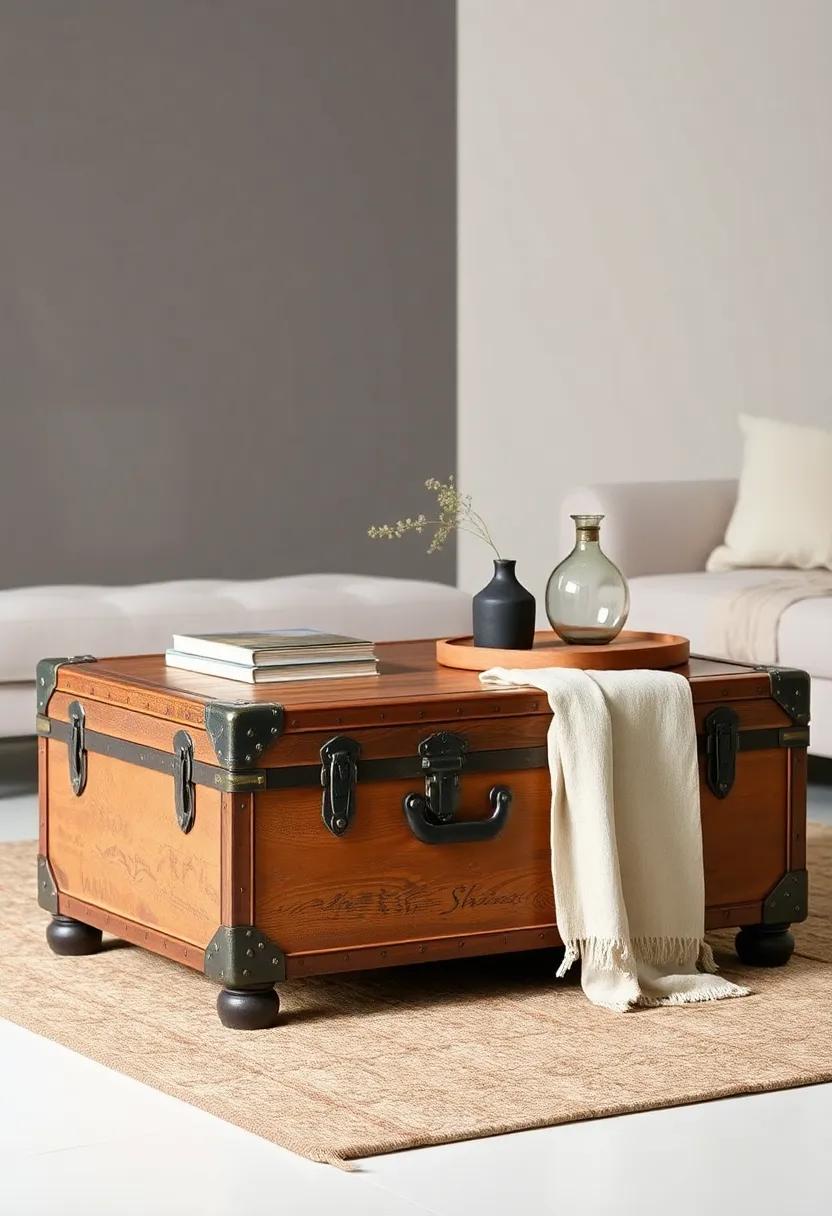 Vintage Trunk: A coffee table that doubles as decorative storage, blending functionality and nostalgia seamlessly while adding an adventurous spirit