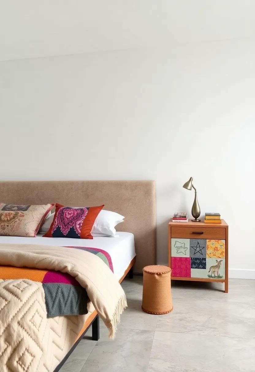 Eclectic Patchwork: A patchwork design combining various materials and ‌prints for a nightstand‌ that celebrates uniqueness and ⁢creativity in ‍your ​space