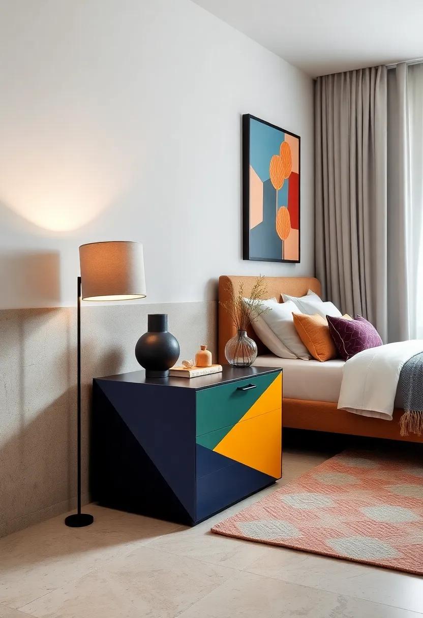 Geometric Marvel: A nightstand with bold geometric shapes and vibrant colors, perfect for adding a modern ⁤edge to your eclectic space