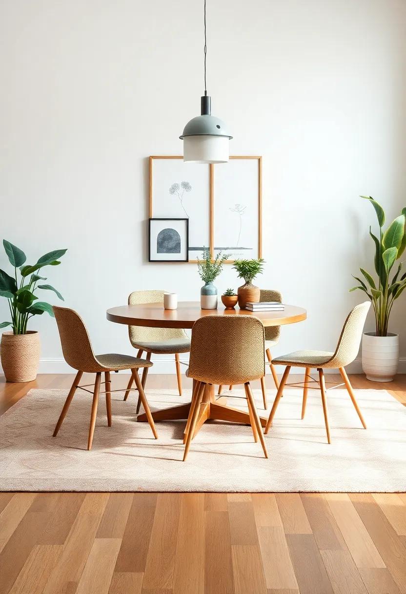 Embrace asymmetry: Arrange furniture in an unexpected manner, such as pairing a round dining table with eclectic, mismatched chairs for a casual feel
