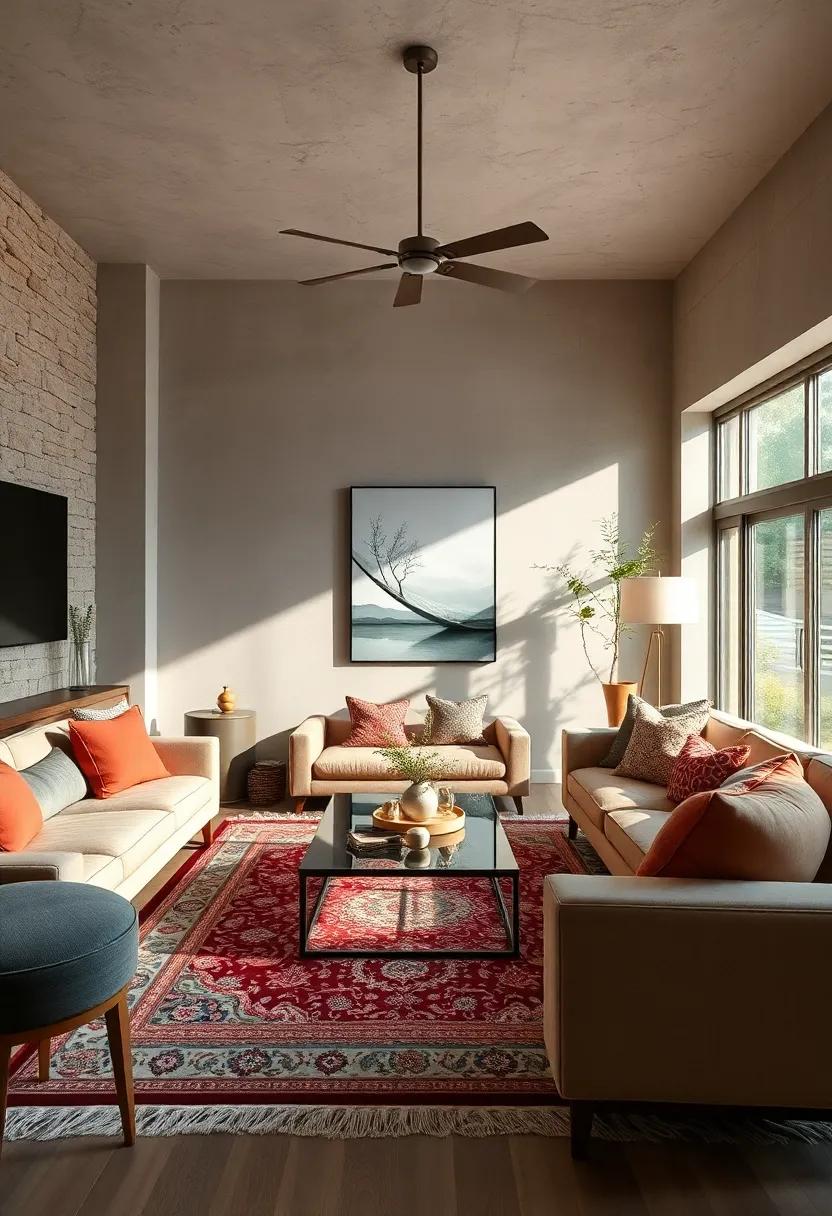 Eclectic Textile Mix: layer different ‌textiles, such as a⁤ Persian rug ‍under a sleek coffee table, to create warmth and texture in your space