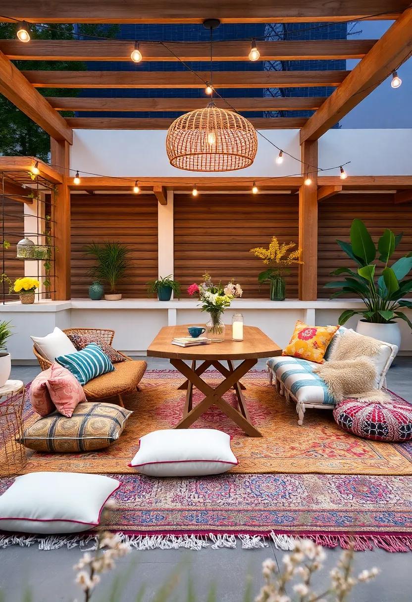 Embrace the Bohemian Vibe ⁤with ⁢Colorful Rugs⁣ and Floor Cushions: Create a cozy atmosphere with layered rugs and an abundance of cushions for a relaxed dining experience under ⁤the stars