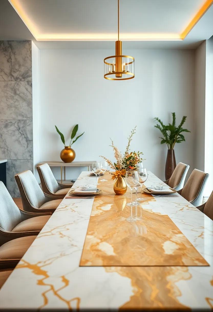 Runner of Luxury: Use a gold and marble-patterned ⁤table ‌runner‍ to tie your dining ⁣room decor together seamlessly