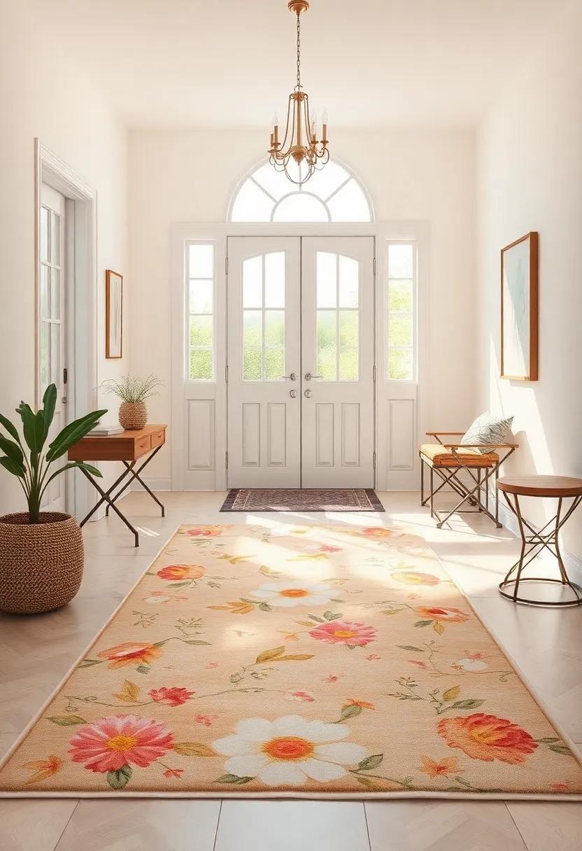 Embrace a Warm welcome: A soft pastel floral rug enhances the ⁣cozy⁢ atmosphere of this⁣ sunlit ‌entryway,‍ inviting​ guests to step inside with open arms