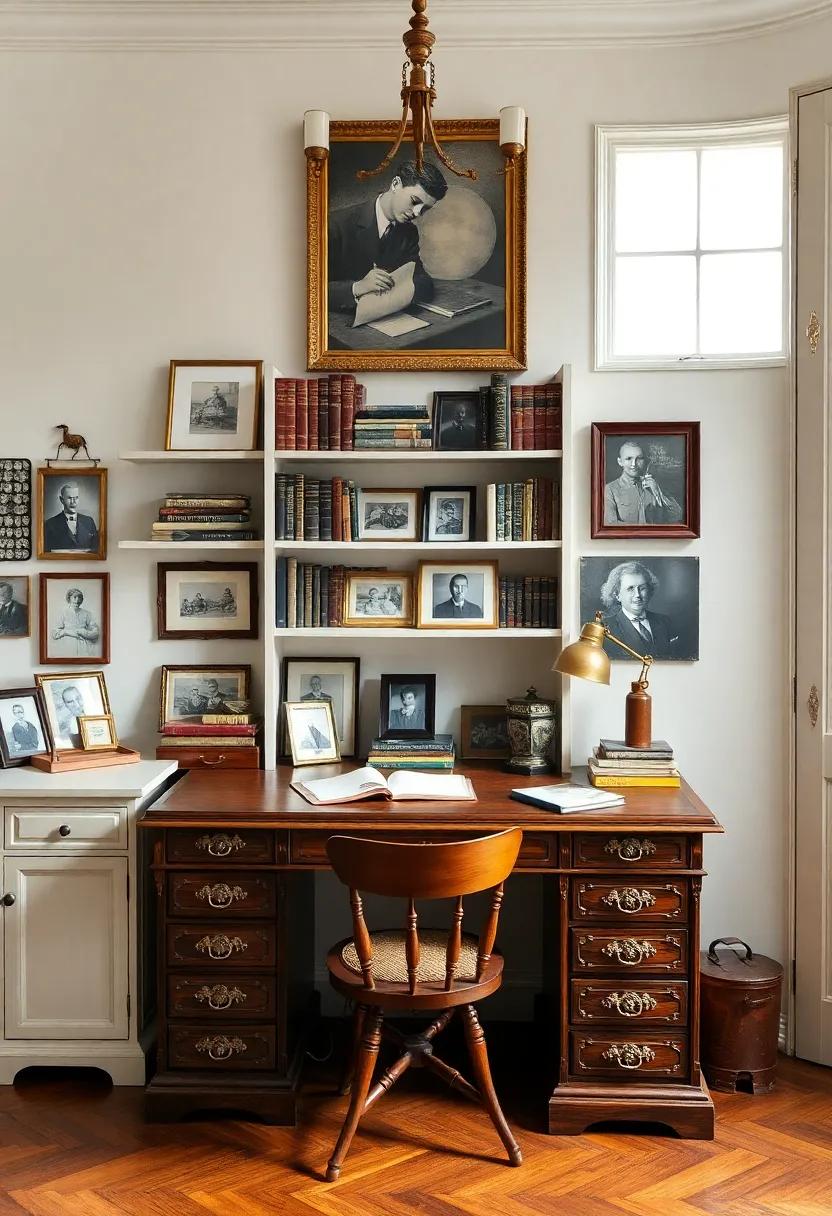 A serene home office featuring an old library desk, surrounded by family photographs and heirloom pieces that narrate⁤ cherished memories