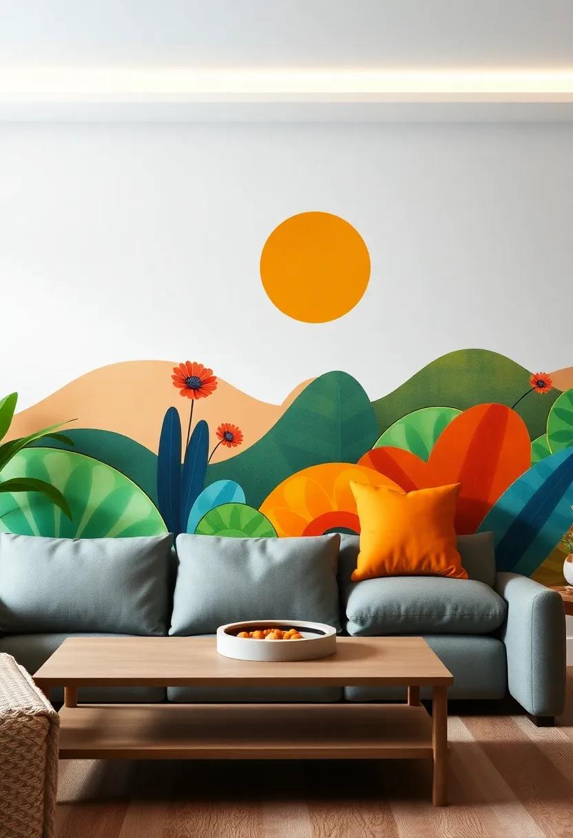 Colorful Murals: Brighten up your space‍ with colorful mural decals ‌that add character and ⁤warmth to your living room
