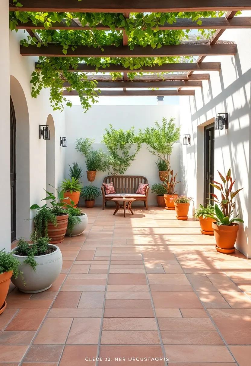 A Mediterranean ‌Oasis: Explore a sun-drenched patio adorned with rustic terracotta tiles that blend seamlessly with vibrant potted plants, creating a welcoming‌ retreat