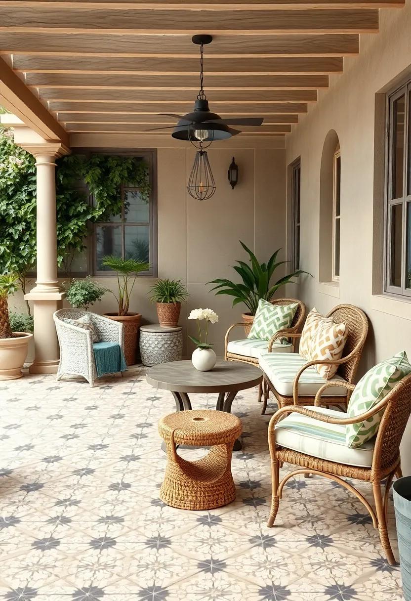 vintage Vibes: Step into a charming outdoor seating area adorned with patterned encaustic ⁢tiles, where every piece tells‌ a story and⁢ invites leisurely afternoons ⁣spent with friends