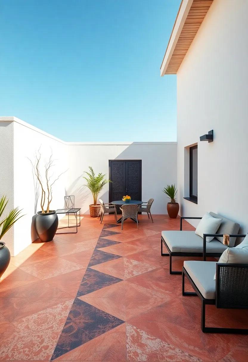 Bold and ⁢Beautiful: Encounter a⁤ striking terrace ⁣where bold ⁢geometric tiles ⁣bring a⁢ contemporary edge,⁤ transforming‌ the space into a versatile area for socializing and relaxation