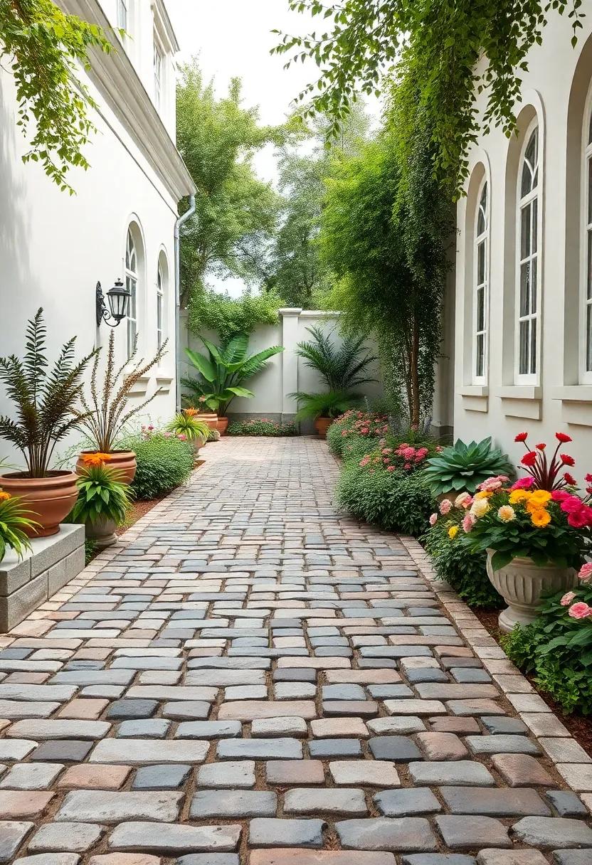 Tropical Paradise: Step into a lush garden where‌ interlocking stone pavers evoke a winding path, surrounded by exotic foliage ⁣and a tranquil water⁣ feature