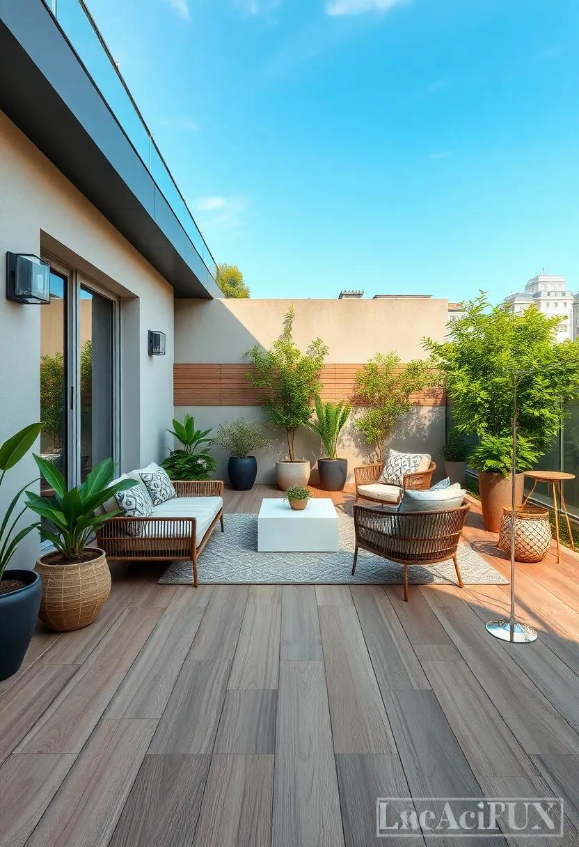Urban Retreat: Relax in a chic outdoor lounge​ area that features stylish porcelain tiles with a wood-like ‍finish, combining modern ‌design with the warmth of nature