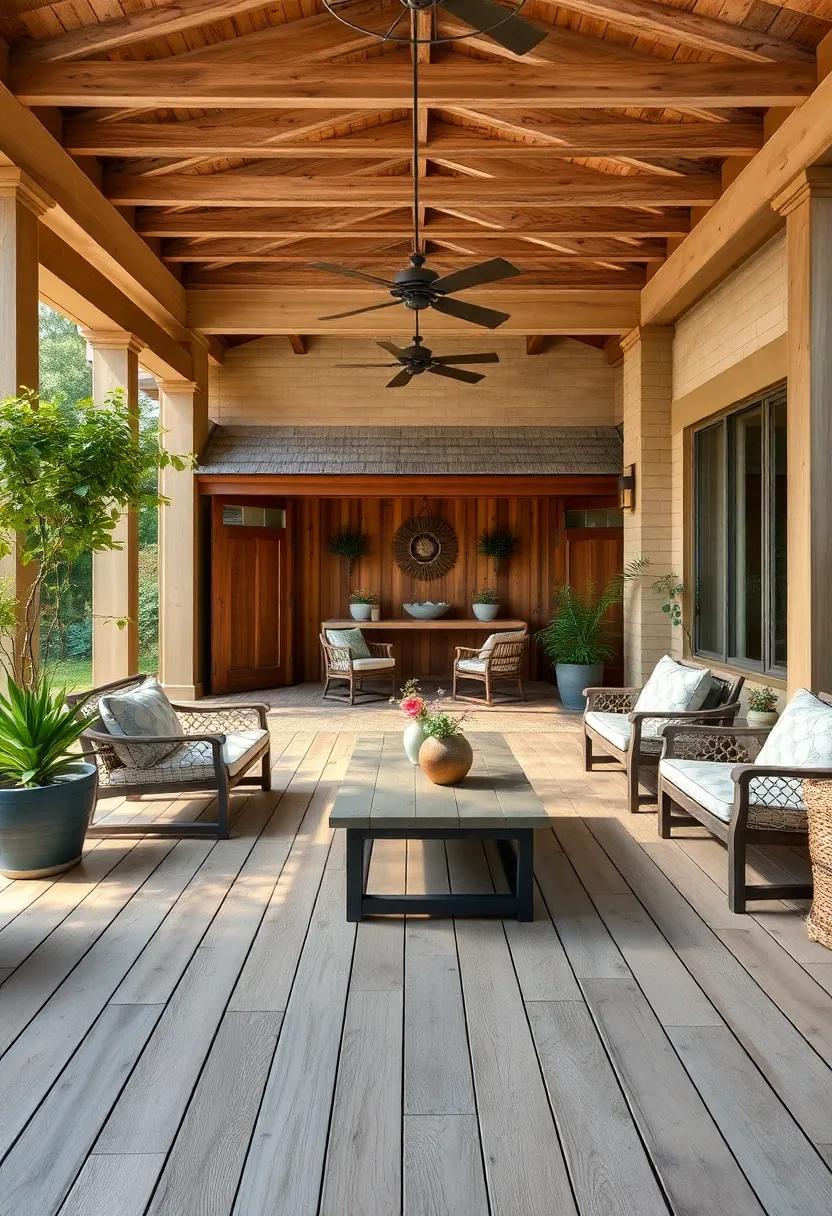 Rustic Elegance: Experience a‌ country home patio featuring‍ weathered wood planks, offering a timeless ambiance complemented by rustic furniture and natural decor