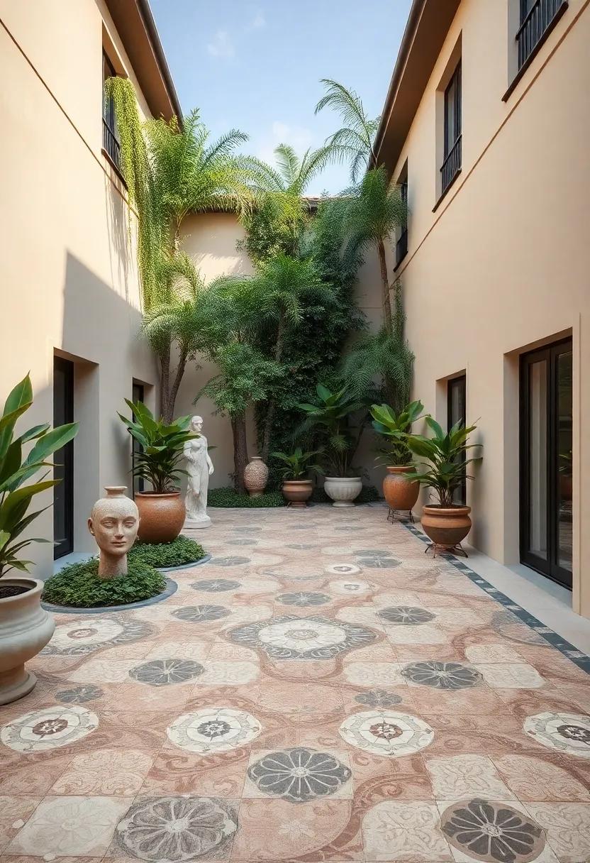 Artistic escape: Discover a whimsical courtyard ‍paved with artisan tiles, where intricate patterns spark creativity among the lush greenery and artistic sculptures