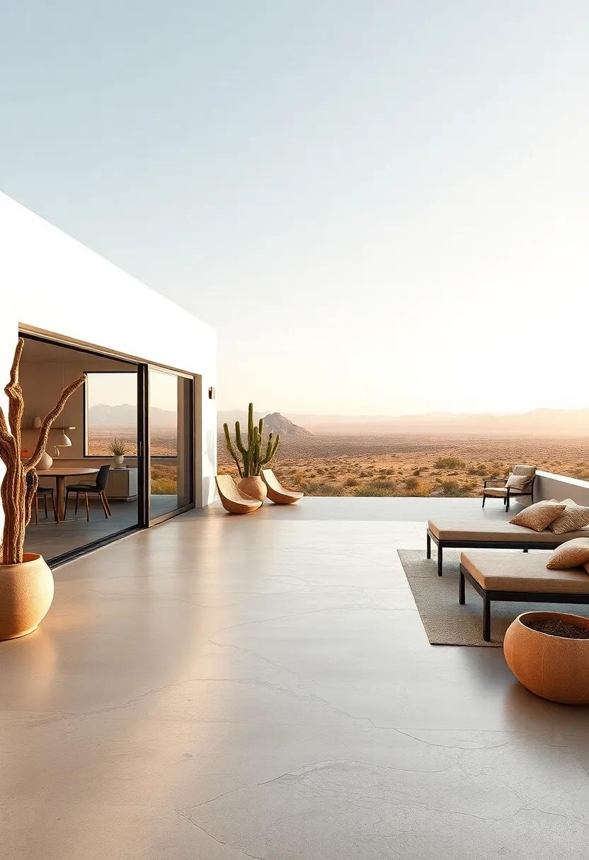 Desert Delight: Explore a striking outdoor space with textured cement flooring that reflects the heat of the ‍sun, echoed by the stunning views ⁢of surrounding⁤ desert landscapes