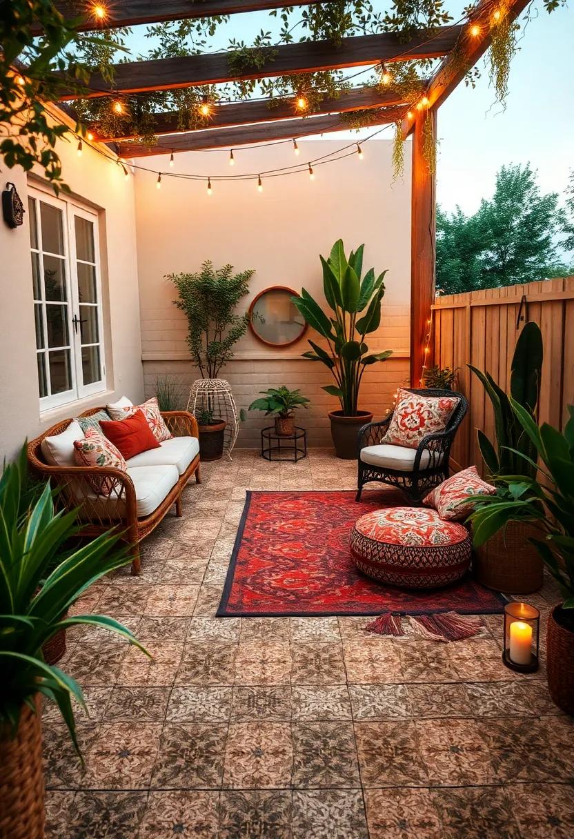 Bohemian‍ Bliss: Embrace an eclectic mix of patterned rugs on textured flooring that transforms an ordinary patio​ into a cozy hideaway filled with⁢ plush‍ cushions and fairy lights