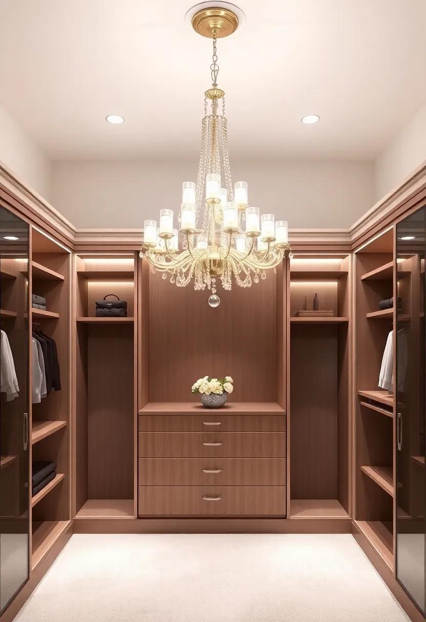 Chandelier Centerpiece: A stunning chandelier overhead provides ⁢a dramatic focal point, redefining⁣ luxury in​ your‍ walk-in‌ closet‍ experience