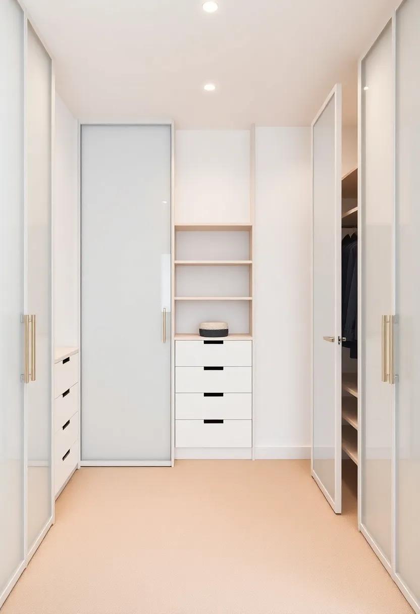 Elegant Minimalism: ⁣A walk-in closet with ⁣clean lines, frosted glass doors, and a soft neutral palette creates a serene sanctuary for your wardrobe