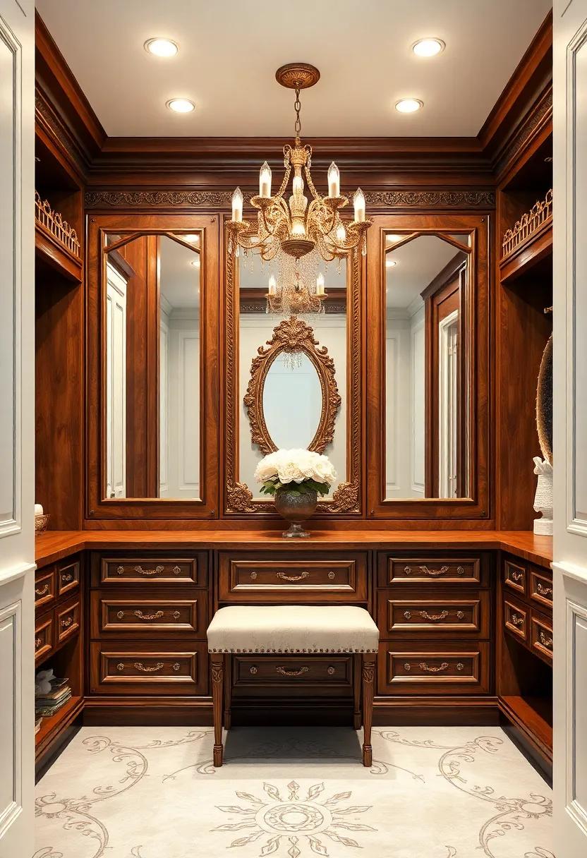 Glamorous Vintage Vibes: ⁤This design‍ features antique wooden cabinetry​ and⁣ ornate mirrors, transporting you to a world of⁣ timeless elegance