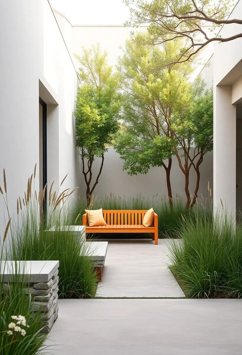 Serene⁢ Seating: A simple wooden bench nestled among⁤ tall grasses, inviting⁤ quiet​ contemplation under a canopy of trees