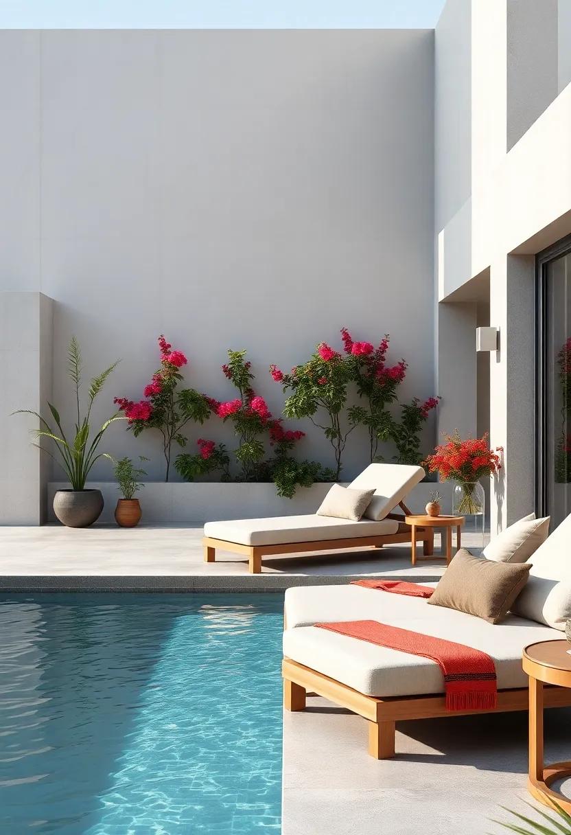Streamlined Sun⁤ Loungers: Sleek, low-profile sun⁤ loungers​ in a‌ neutral palette,⁤ set against a shimmering ​pool and vibrant flowers